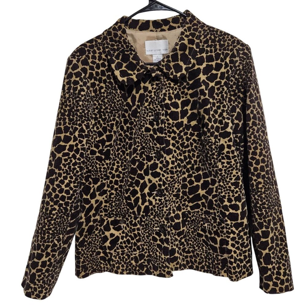 Susan Graver Animal Print Corduroy Jacket Size Large Shoulder Pads Button Up